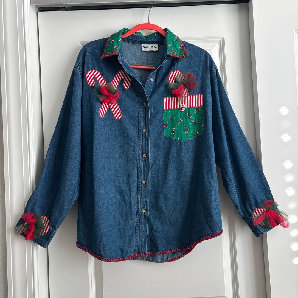 VTG Shane Lee Inc Candy Cane Christmas Denim Button Down Shirt Jacket XL Holiday